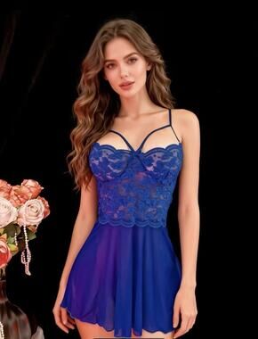 Women’s Lingerie Lace Cami Dress, Tie Up Back Royal Blue Size Small￼